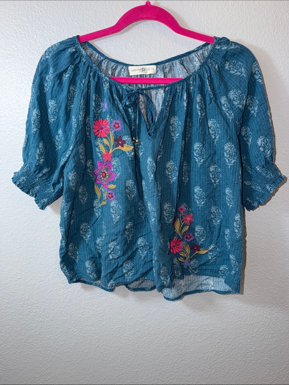 Natural Life Boho Teal Blue Floral Embroidered Peasant Blouse